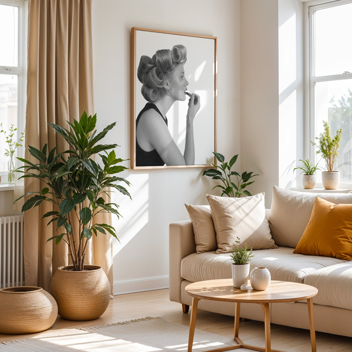 Woman in hair rollers applying lipstick profile print in an oak frame above a cream sofa beside woven planters