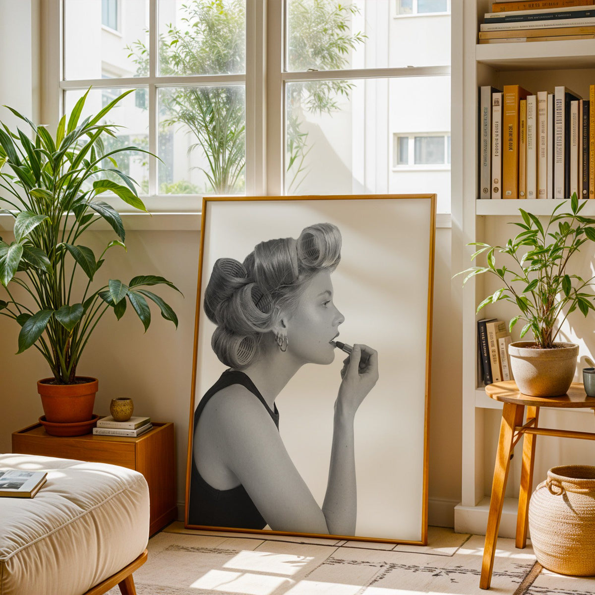 Woman in hair rollers applying lipstick profile print shown in a brass frame leaning on a sunlit living room floor