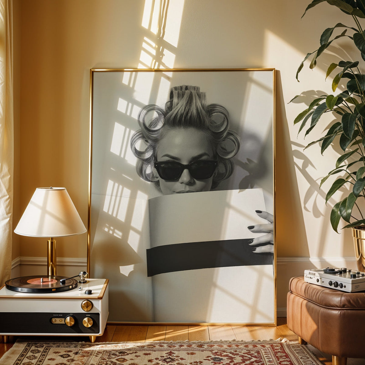 Woman in hair rollers and sunglasses with page print shown in a gold frame beside a record player and table lamp
