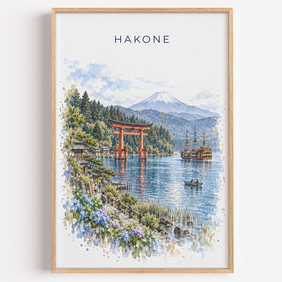 Hakone watercolor print in a light oak frame on a plain white wall