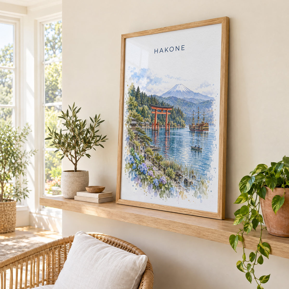 Hakone watercolor print in an oak frame on a picture ledge in a sunlit sunroom