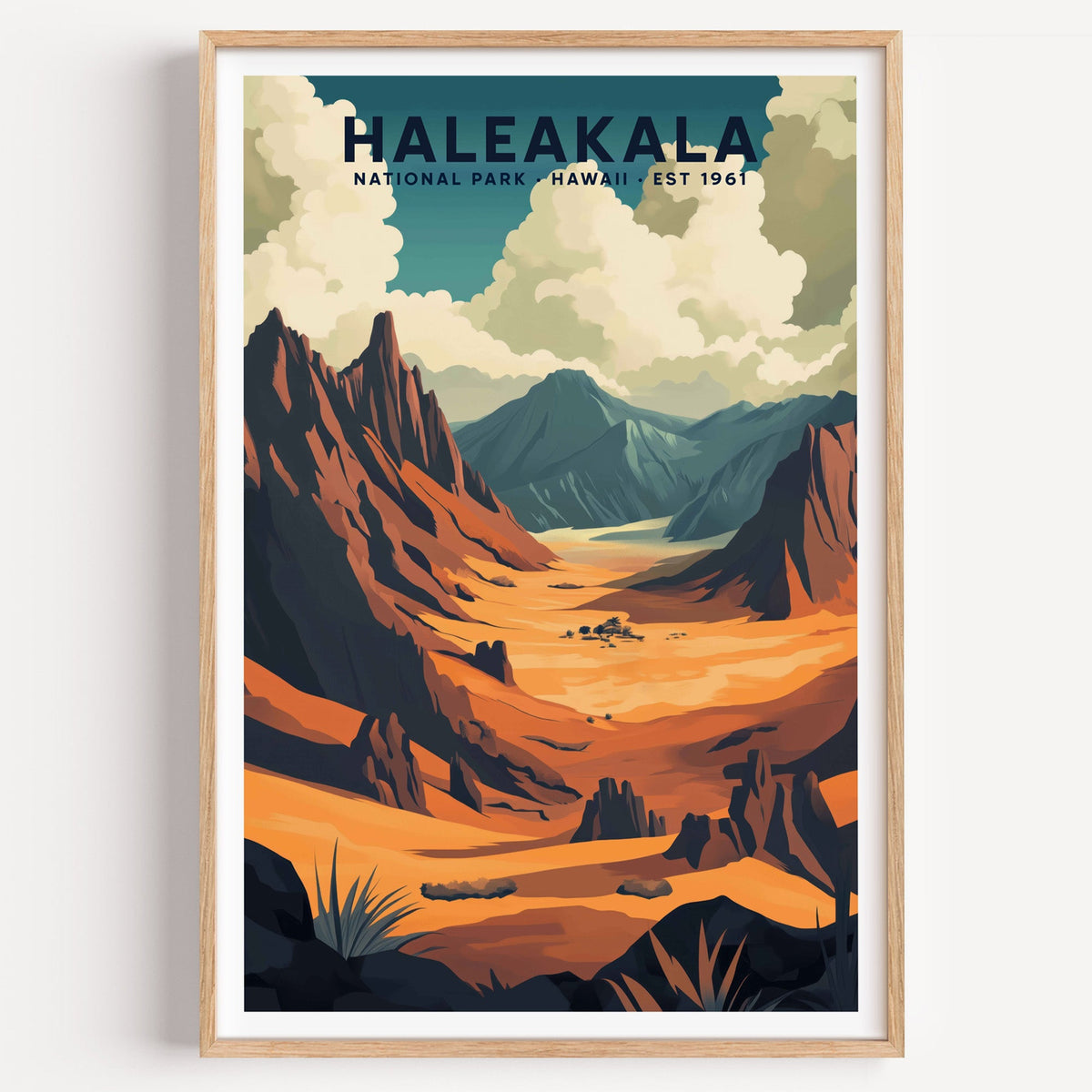 Haleakalā National Park illustrated print: the orange crater floor, in an oak frame
