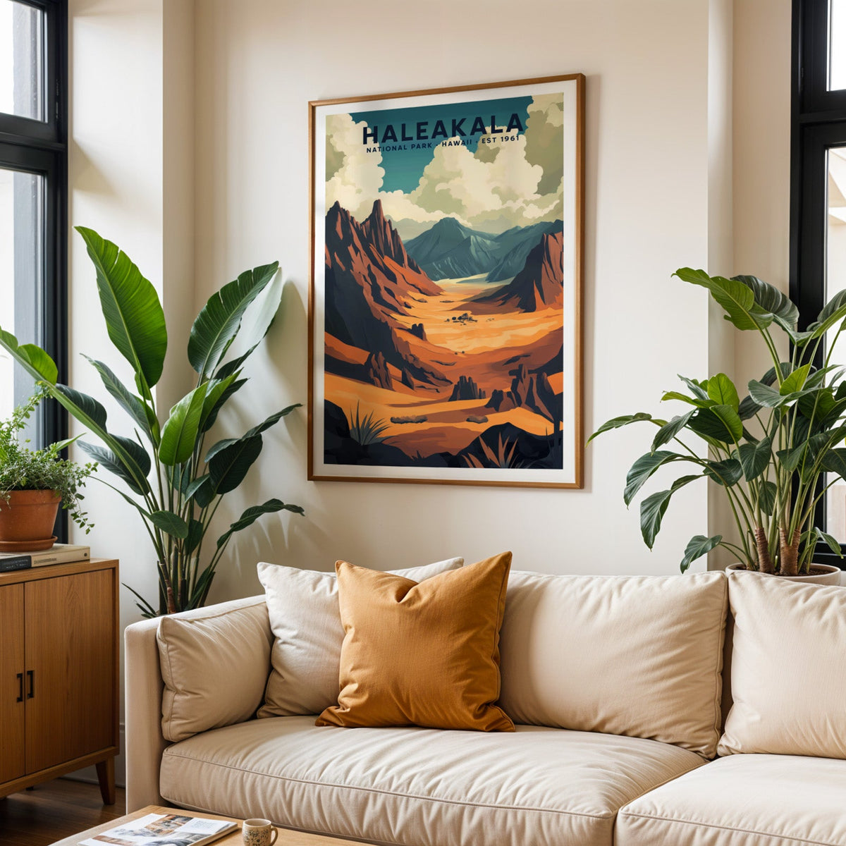 Haleakalā National Park print in an oak frame above a cream living room sofa