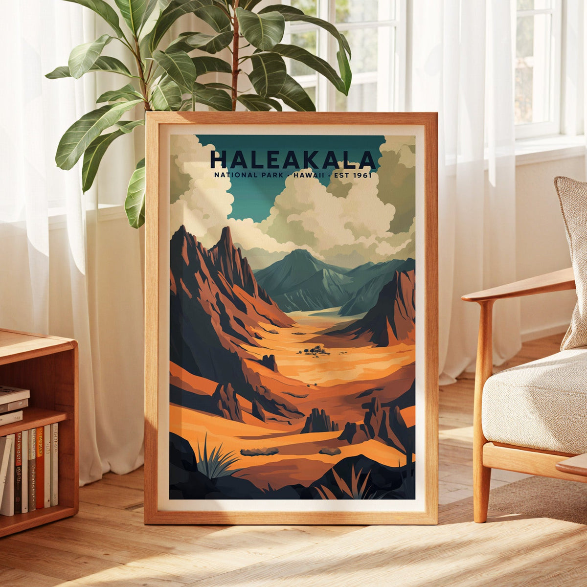 Haleakalā National Park print in an oak frame by a sunlit window with sheer curtains
