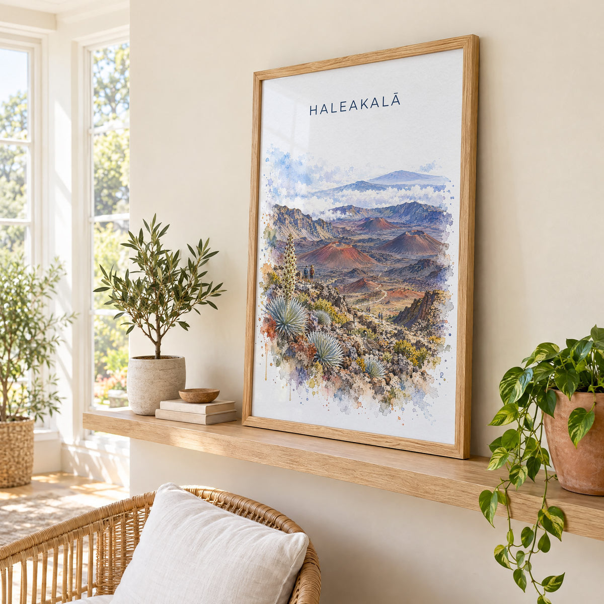 Haleakala National Park watercolor print in an oak frame on a picture ledge in a sunlit sunroom