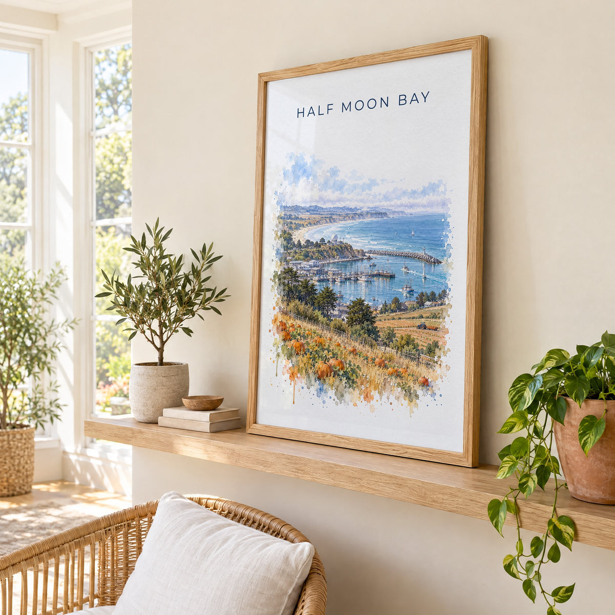 Half Moon Bay, California watercolor print in an oak frame on a picture ledge in a sunlit sunroom
