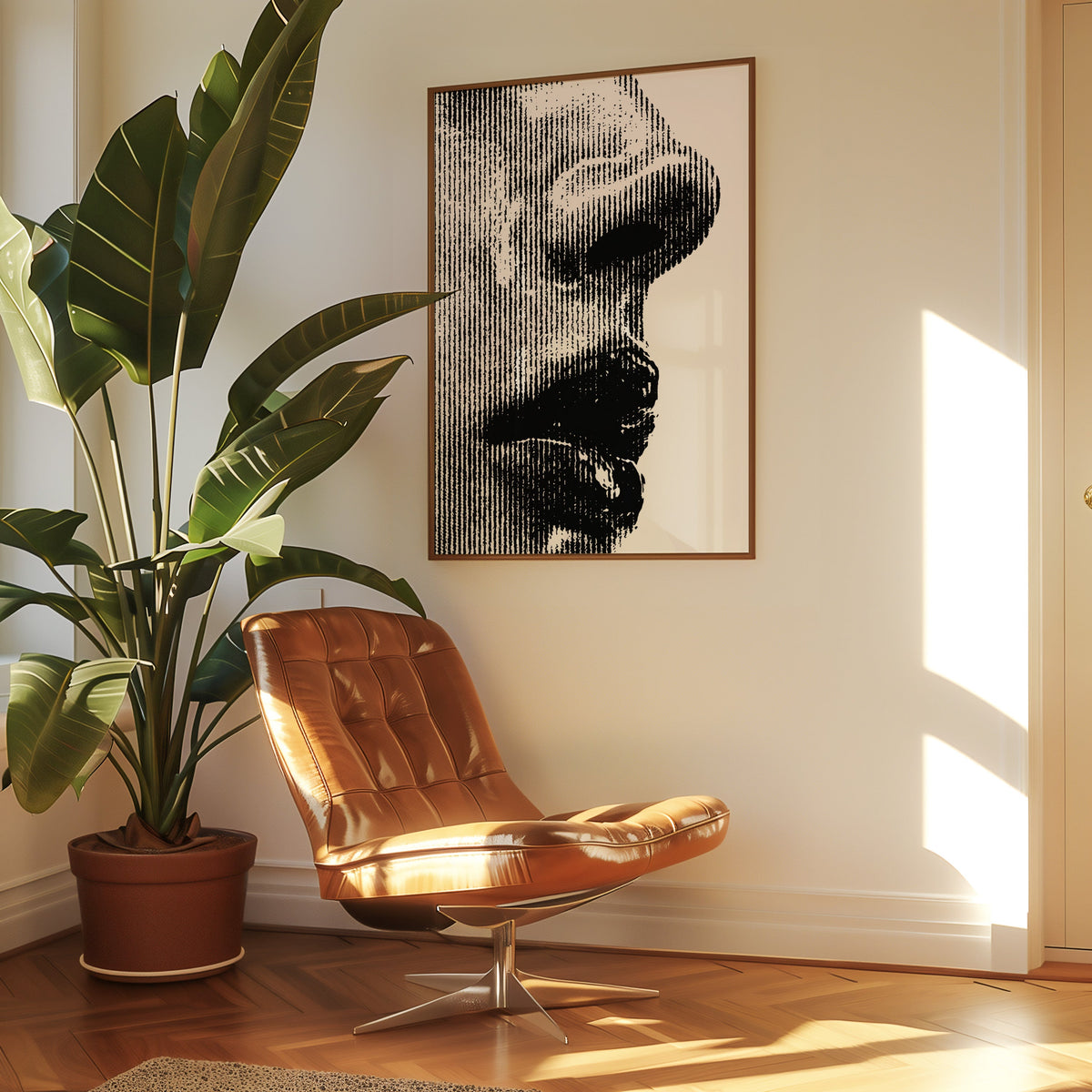 Halftone line face profile graphic print in a walnut frame above a leather lounge chair