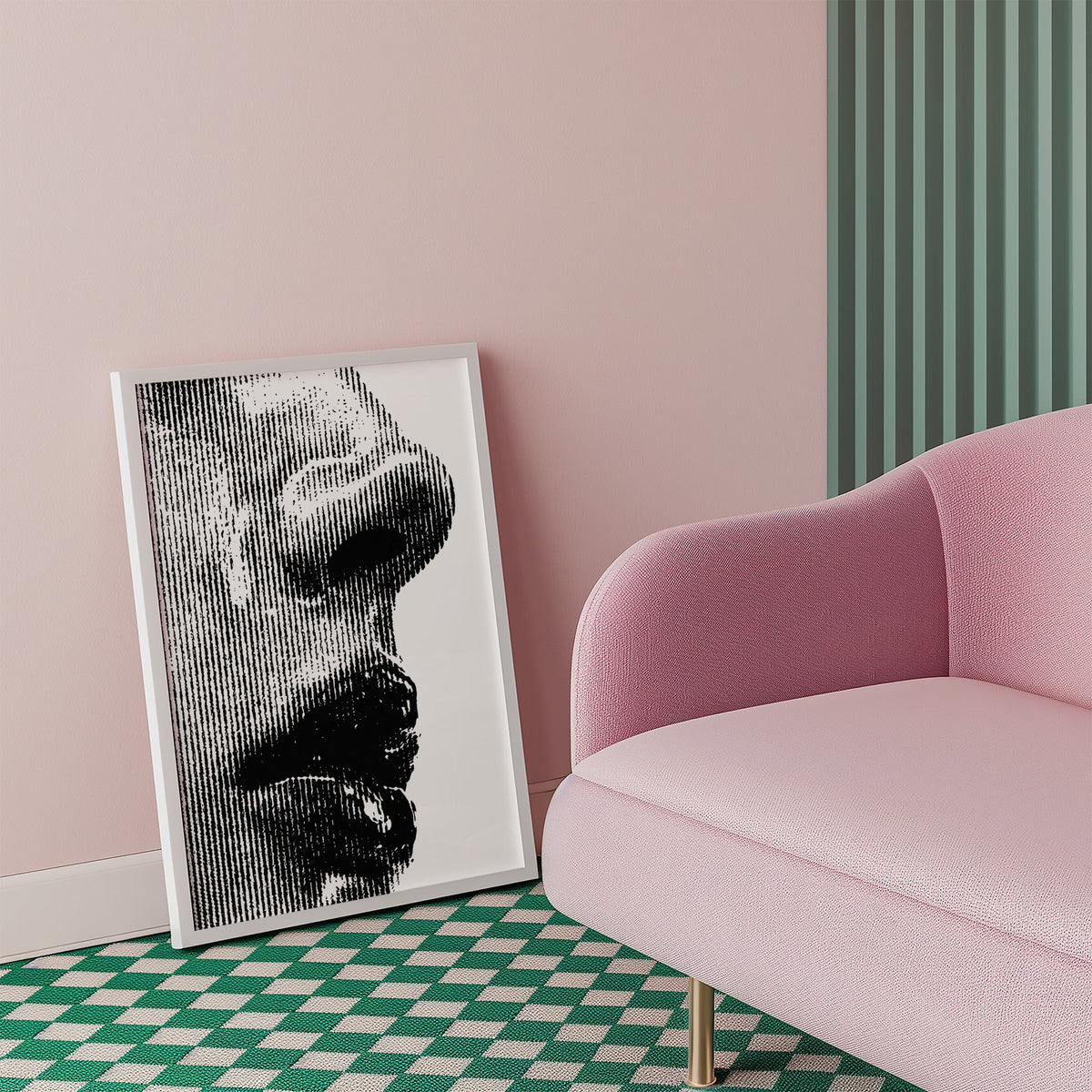 Halftone line face profile graphic print in a white frame beside a pink armchair on a checkered floor