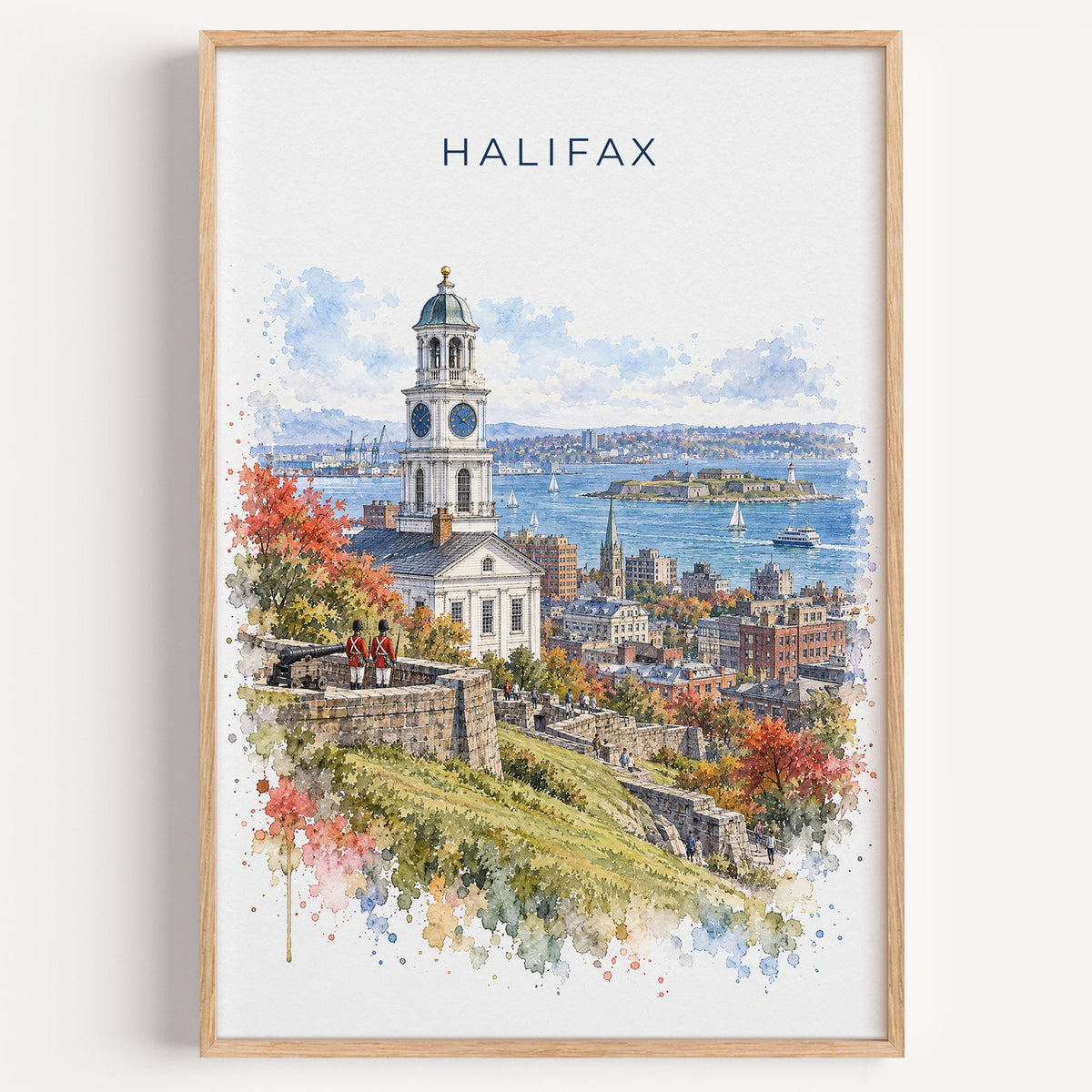 Halifax watercolor print in a light oak frame on a plain white wall