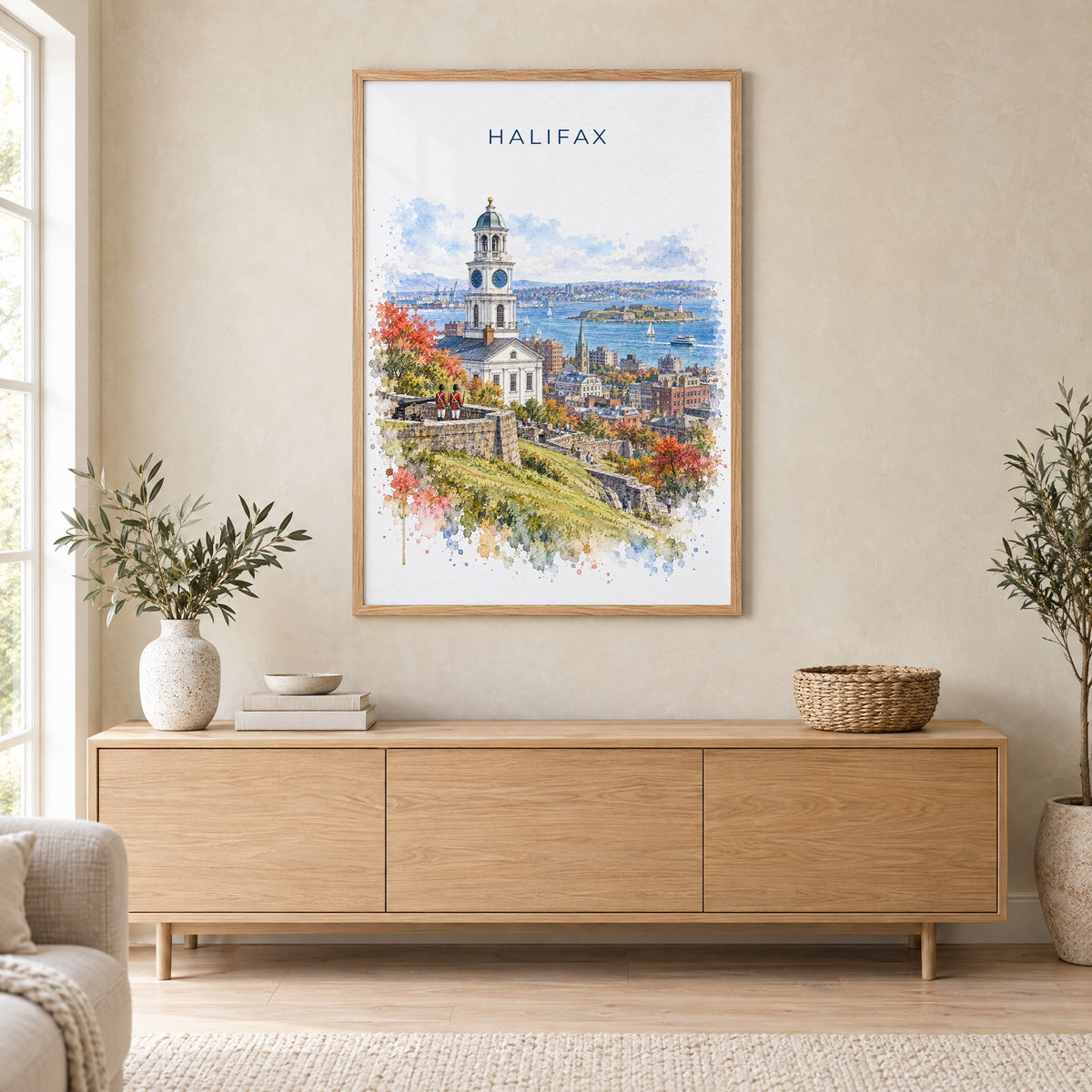 Halifax watercolor print in an oak frame above a light wood sideboard in a Scandinavian living room