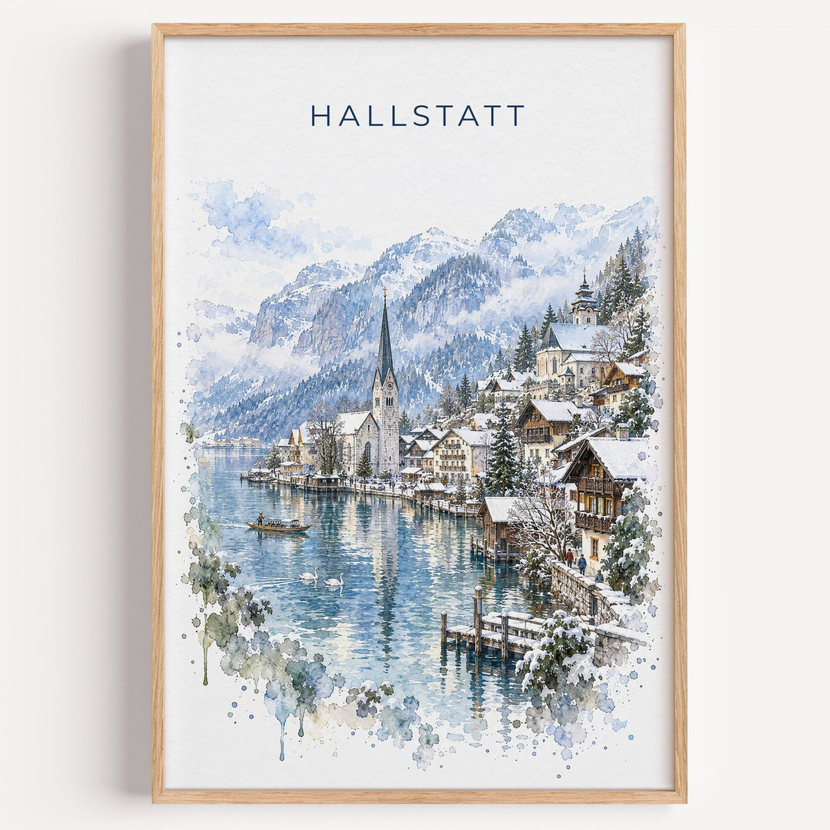 Hallstatt watercolor print in a light oak frame on a plain white wall