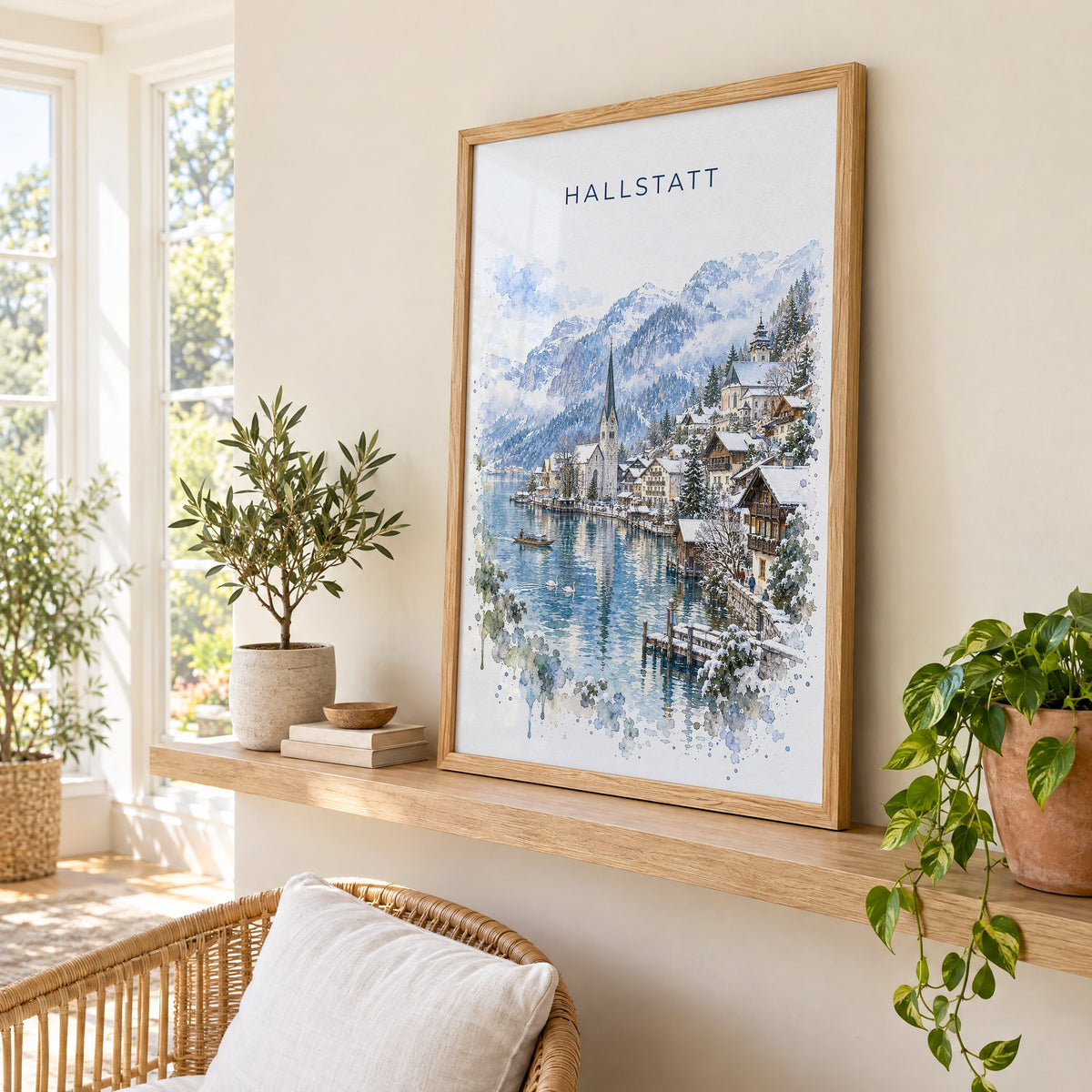 Hallstatt watercolor print in an oak frame on a picture ledge in a sunlit sunroom