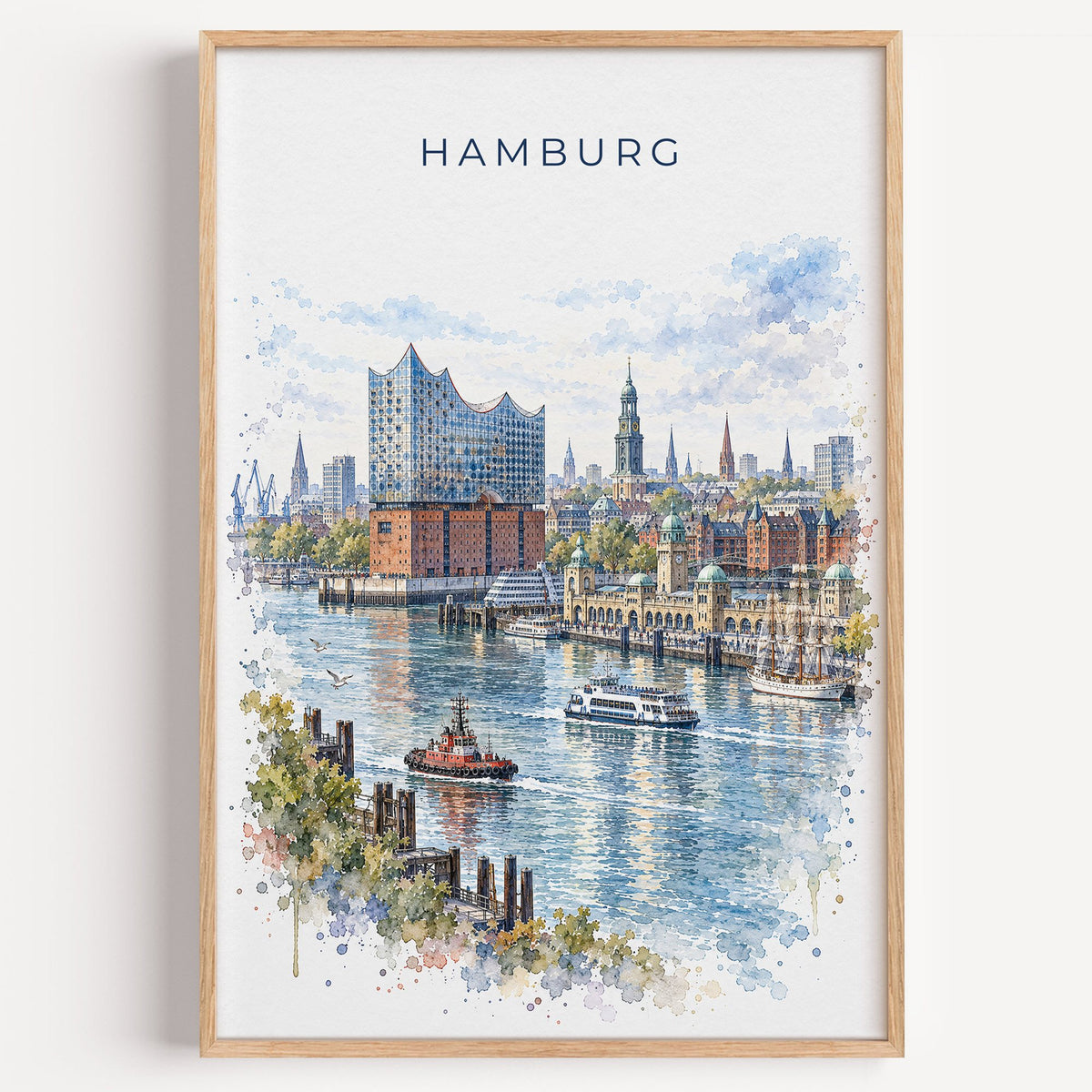 Hamburg watercolor print in a light oak frame on a plain white wall