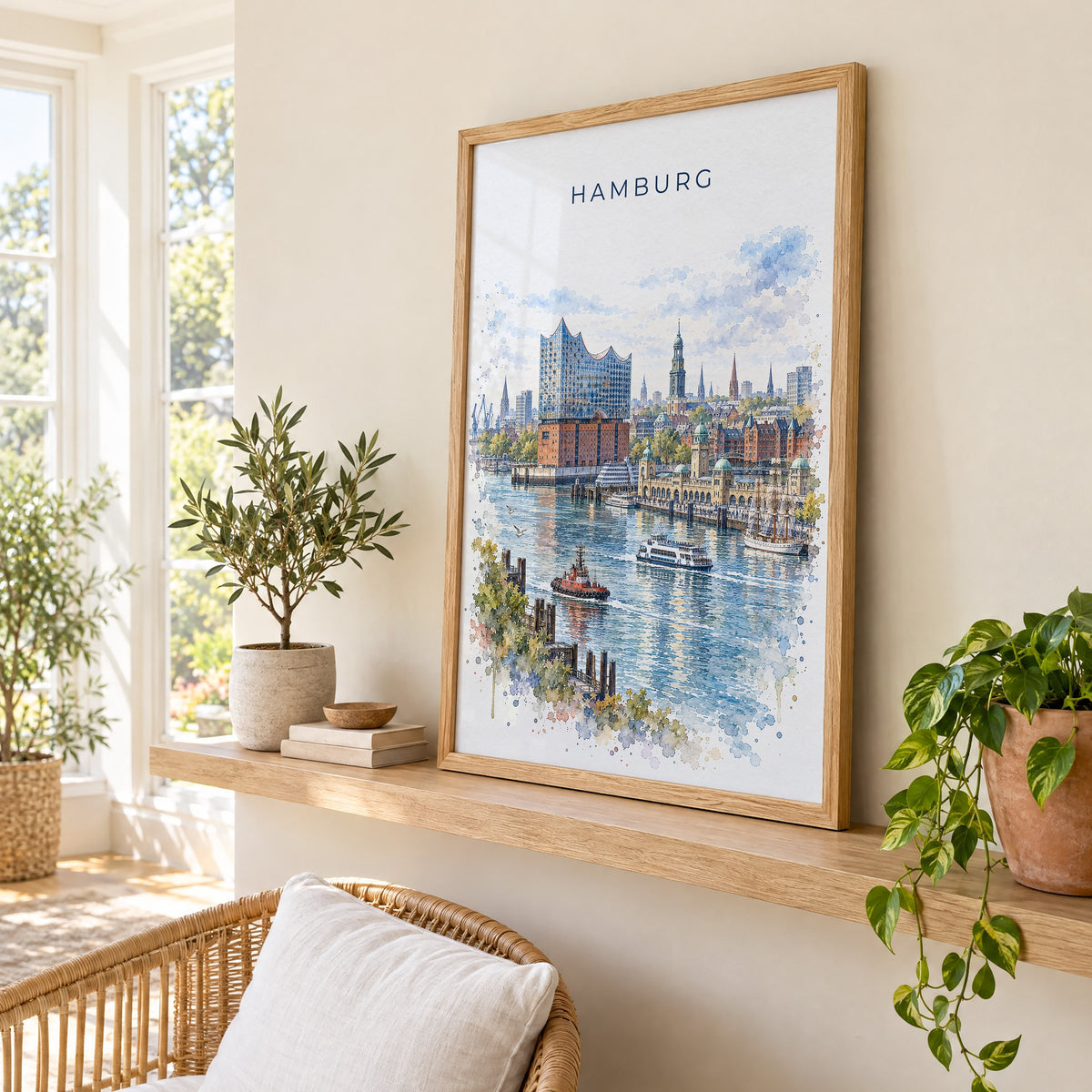 Hamburg watercolor print in an oak frame on a picture ledge in a sunlit sunroom