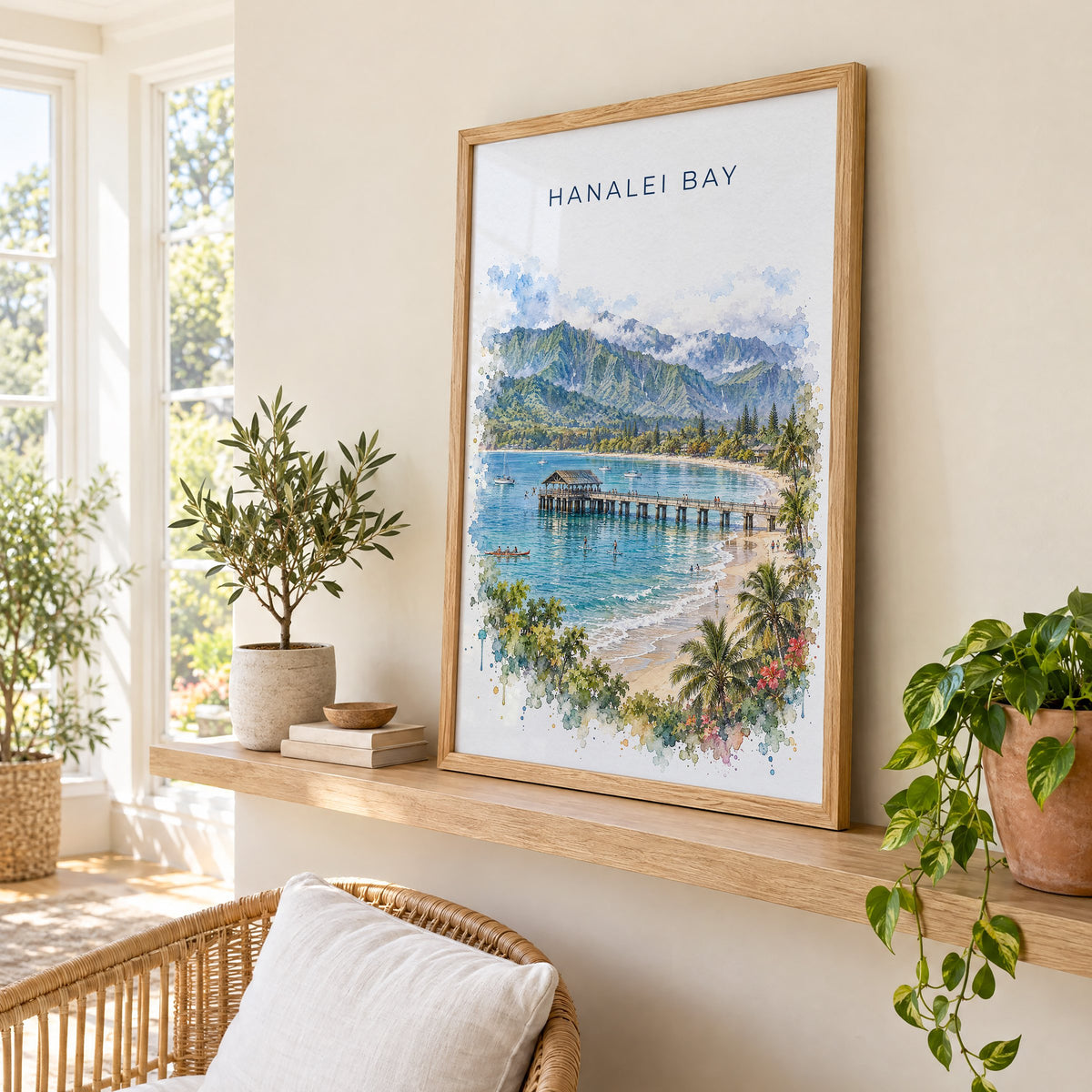 Hanalei Bay watercolor print in an oak frame on a picture ledge in a sunlit sunroom