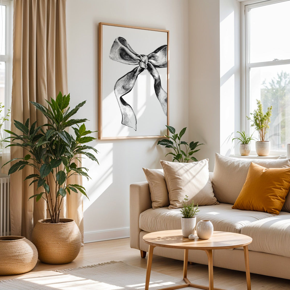 Stippled ink ribbon bow drawing print in an oak frame above a cream sofa beside woven planters