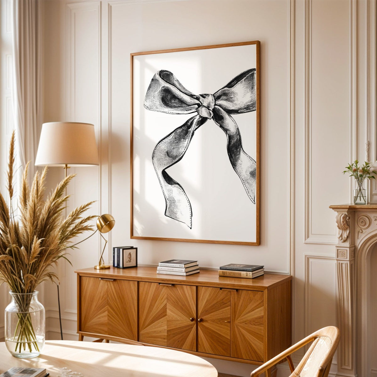 Stippled ink ribbon bow drawing print in an oak frame above a sunburst wood sideboard with pampas grass