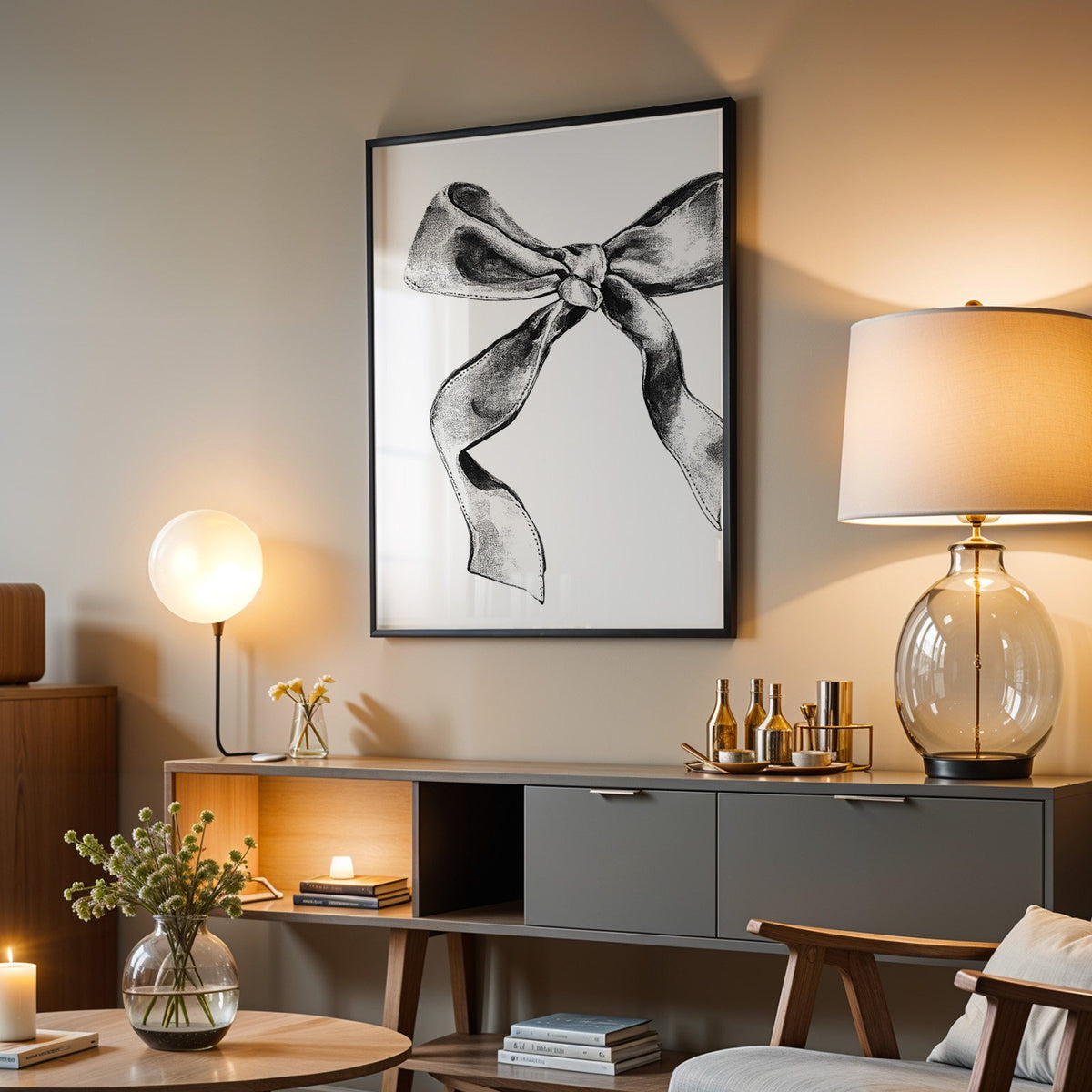 Stippled ink ribbon bow drawing print in a black frame above a grey media console with a glass table lamp