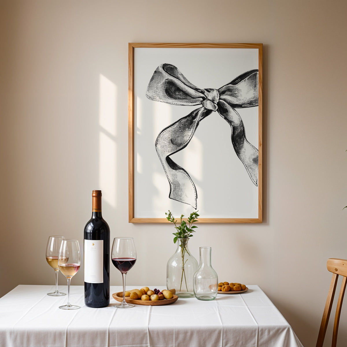 Stippled ink ribbon bow drawing print in an oak frame above a table set with red wine and glasses