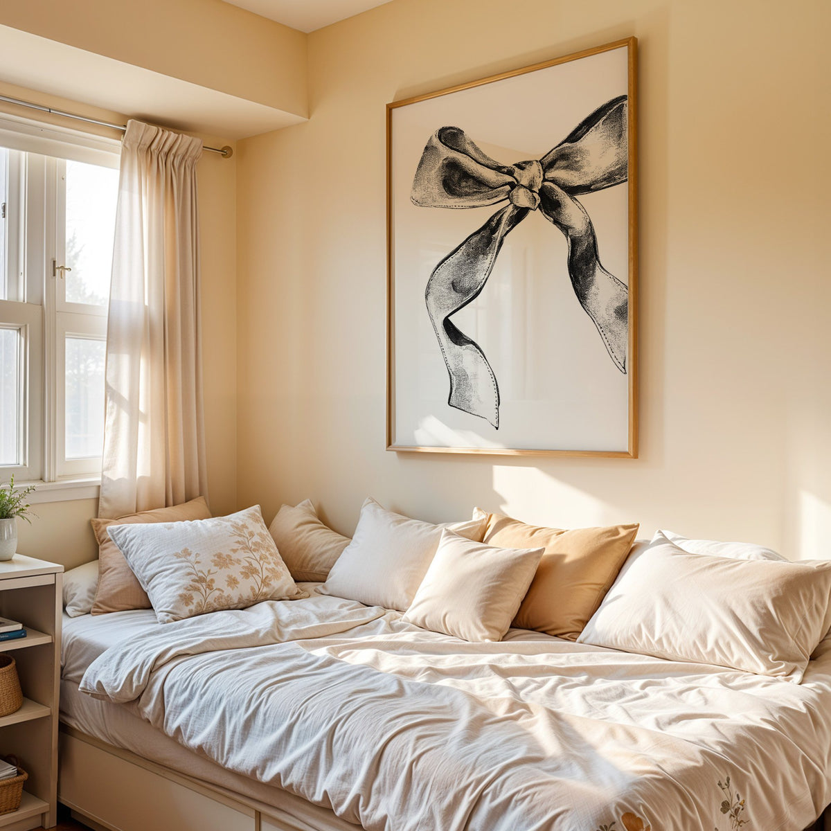 Stippled ink ribbon bow drawing print in an oak frame above a cream daybed in a sunny bedroom