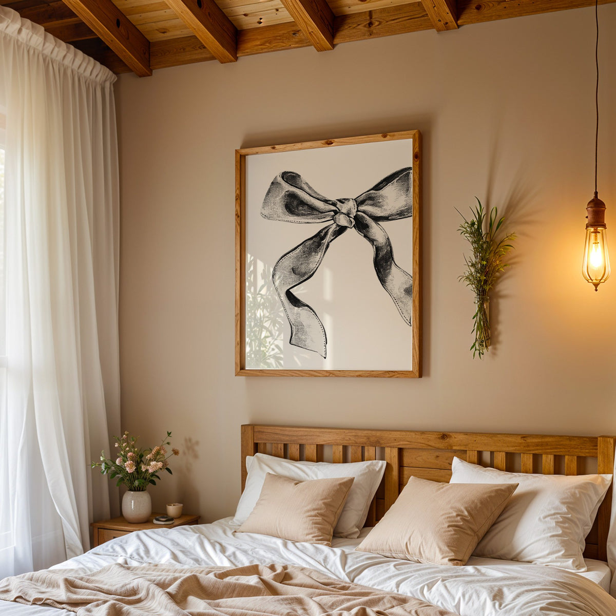 Stippled ink ribbon bow drawing print in a pine frame above a wood headboard bed under a pendant bulb