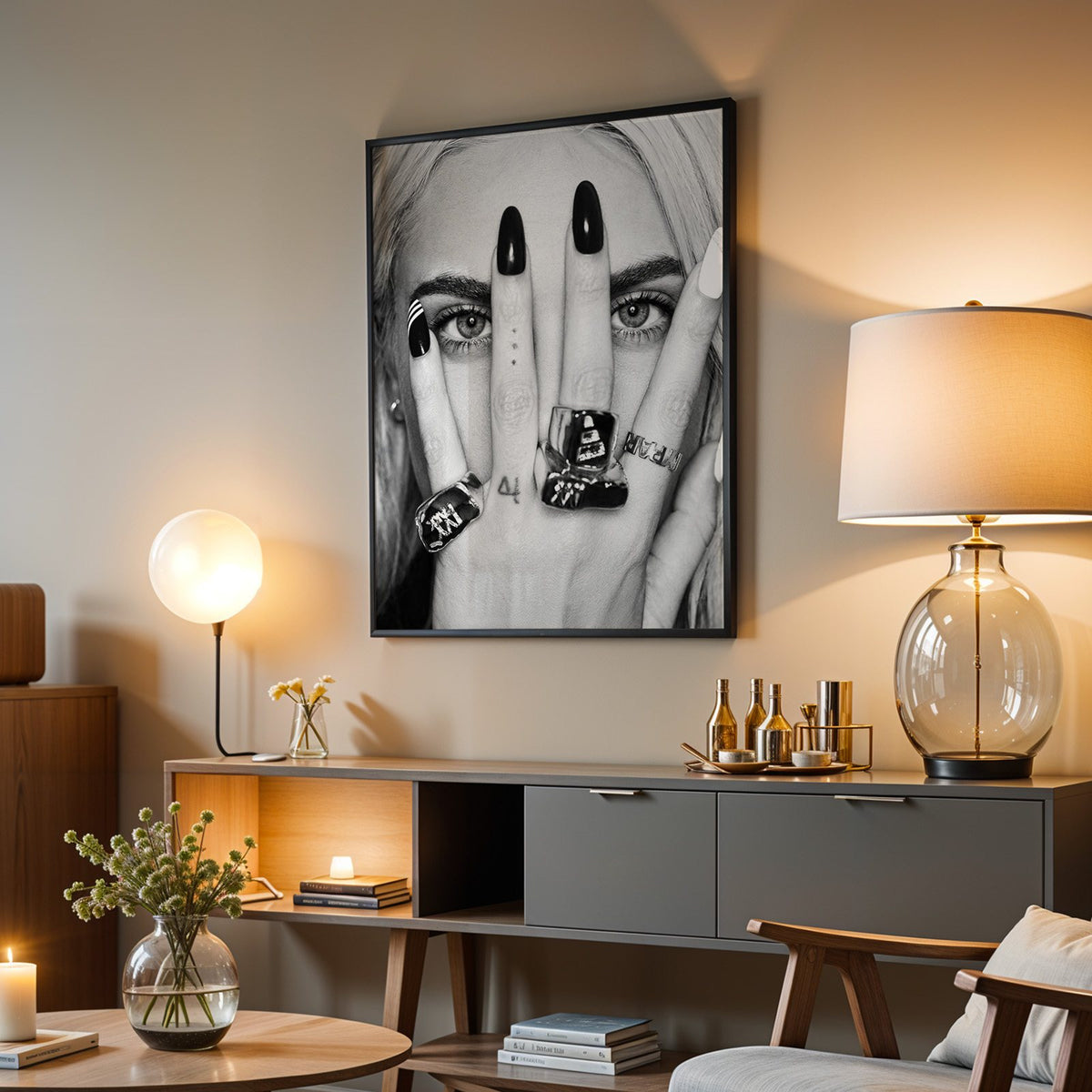 Hand with black nails and rings over eyes print in a black frame above a grey media console with a glass table lamp