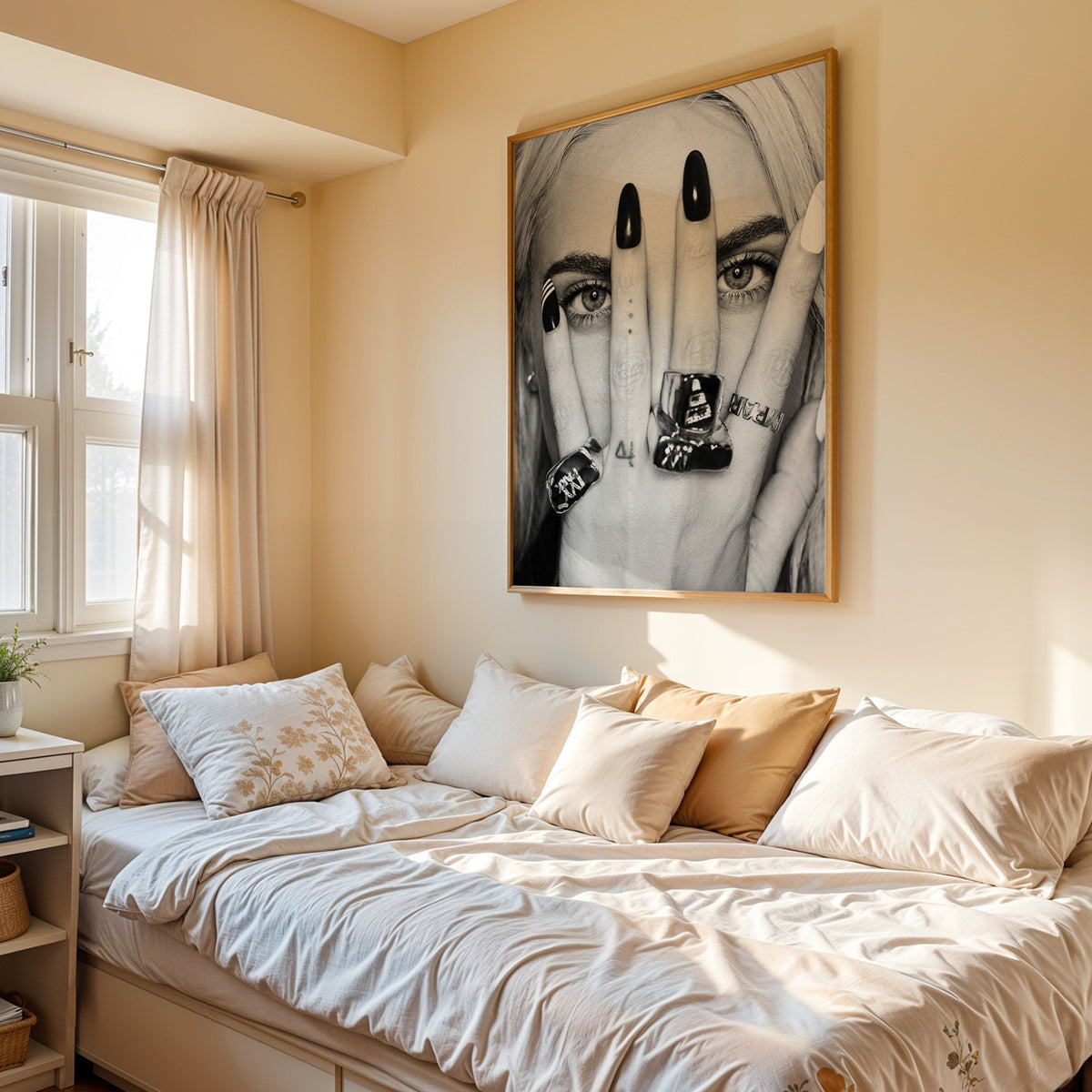 Hand with black nails and rings over eyes print in an oak frame above a cream daybed in a sunny bedroom