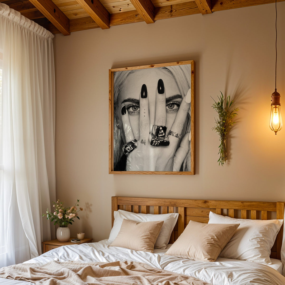 Hand with black nails and rings over eyes print in a pine frame above a wood headboard bed under a pendant bulb