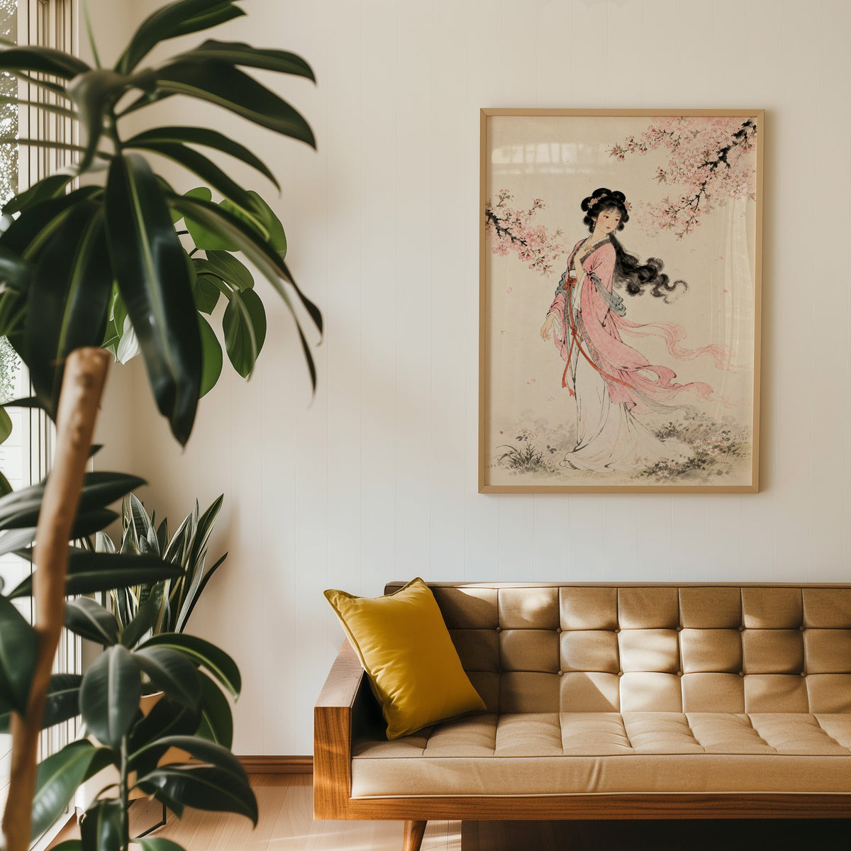 woman in pink hanfu under blossom print in an oak frame above a tan tufted leather sofa with a mustard cushion