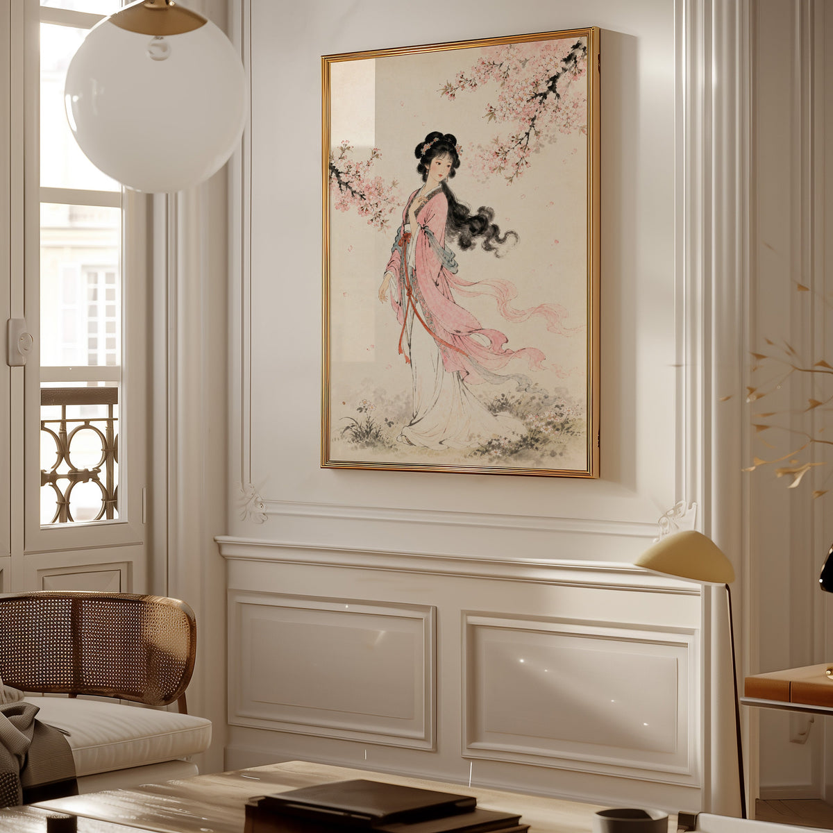 woman in pink hanfu under blossom print shown in a gold frame on a paneled wall in a Parisian-style living room