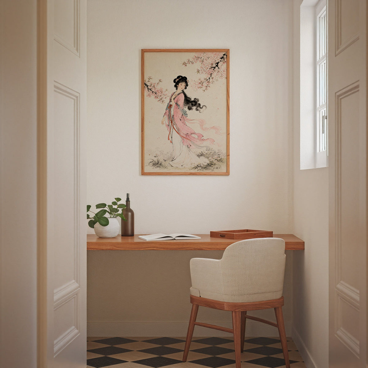 woman in pink hanfu under blossom print in an oak frame above a wall-mounted desk in a home office nook