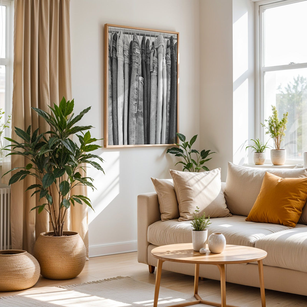 Row of jeans on rack in grey tones print in an oak frame above a cream sofa beside woven planters
