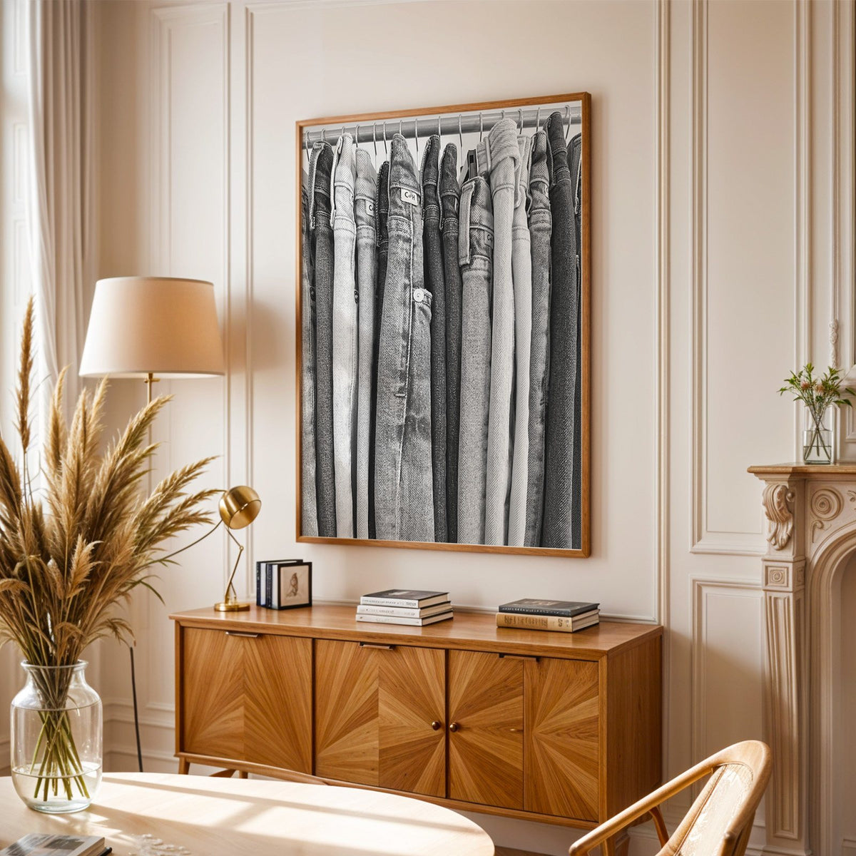 Row of jeans on rack in grey tones print in an oak frame above a sunburst wood sideboard with pampas grass