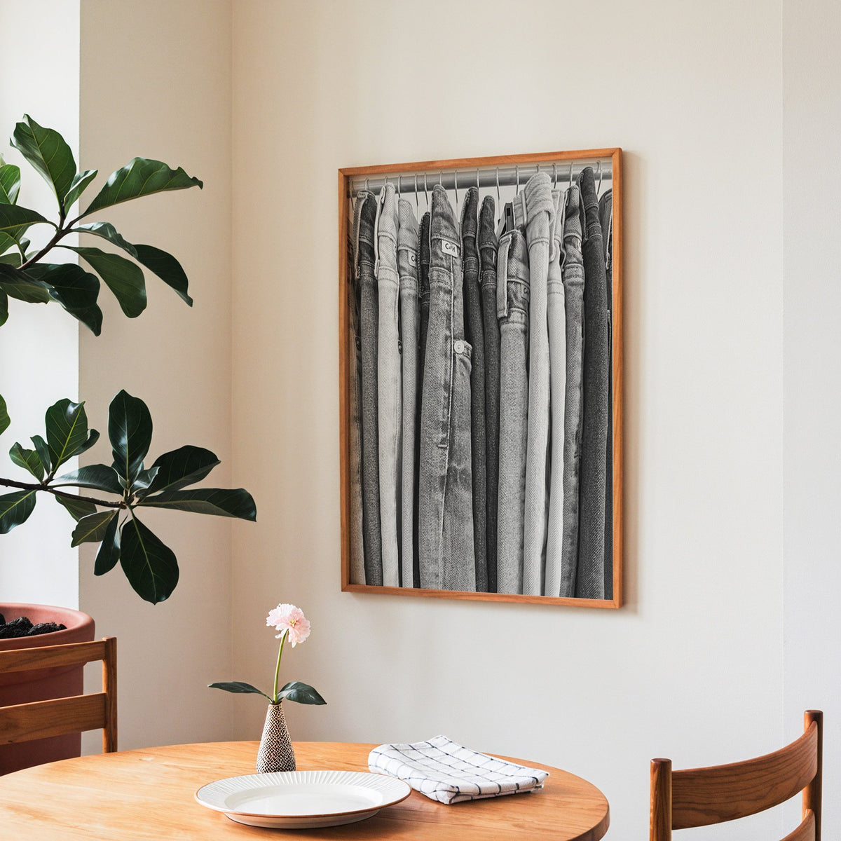 Row of jeans on rack in grey tones print in a teak frame above a round wooden dining table