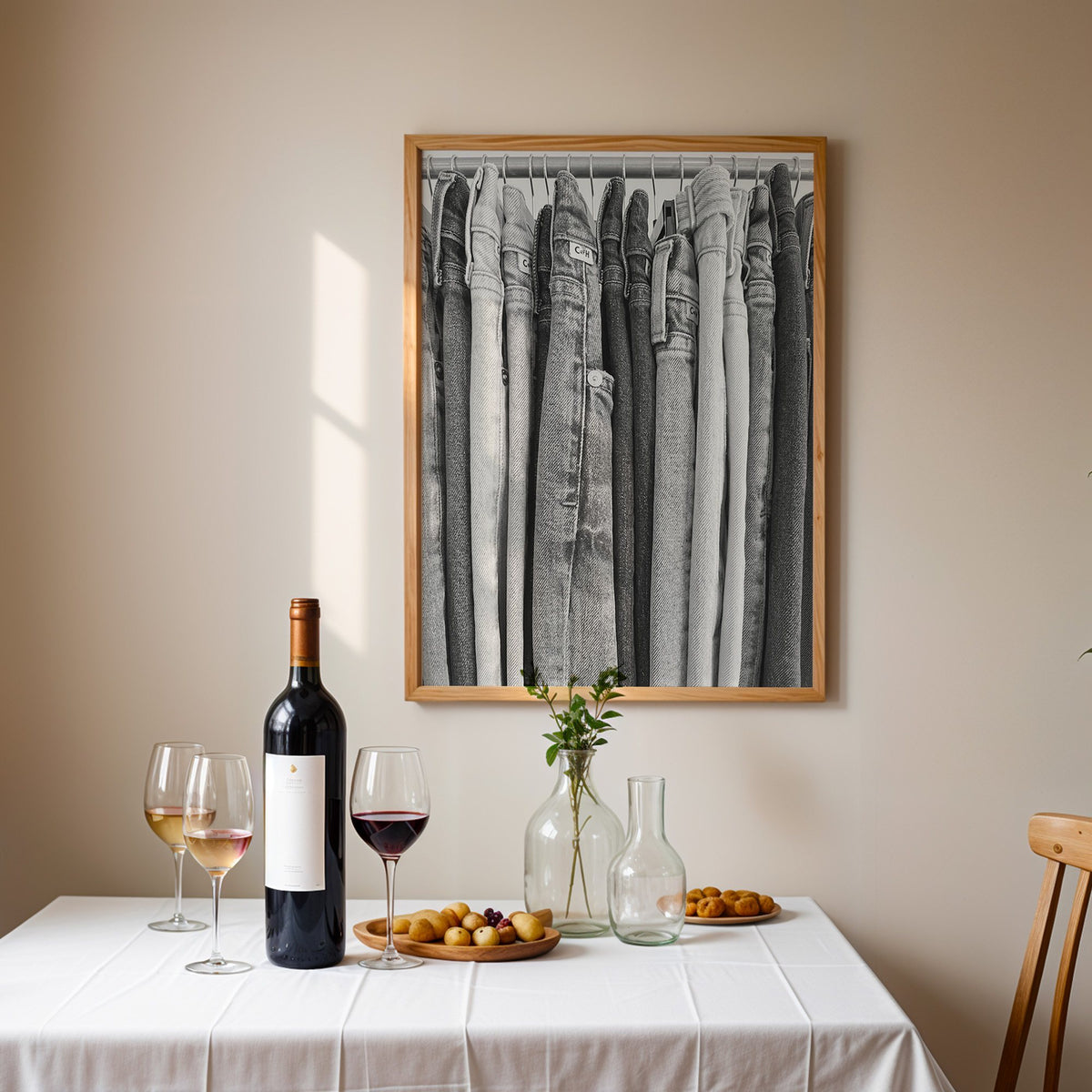 Row of jeans on rack in grey tones print in an oak frame above a table set with red wine and glasses