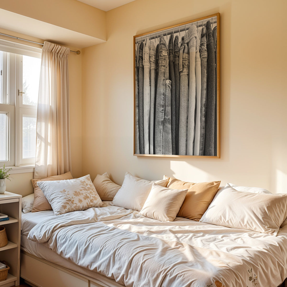 Row of jeans on rack in grey tones print in an oak frame above a cream daybed in a sunny bedroom