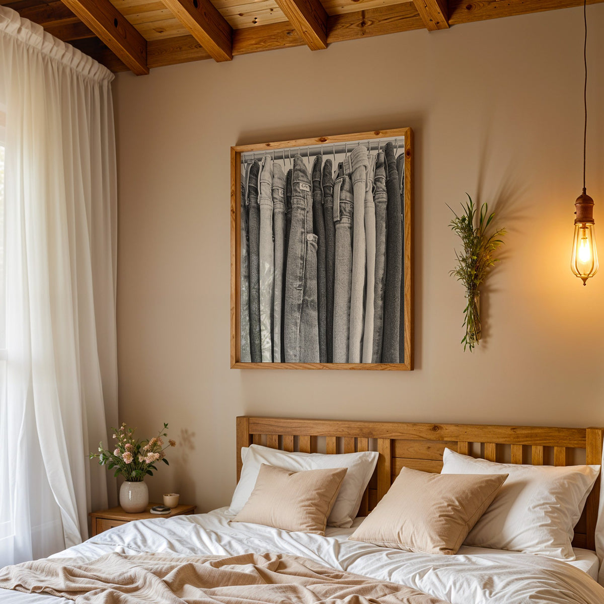 Row of jeans on rack in grey tones print in a pine frame above a wood headboard bed under a pendant bulb
