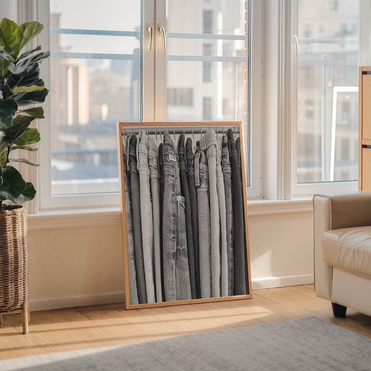 Row of jeans on rack in grey tones print in an oak frame leaning on the floor beside a fiddle leaf fig