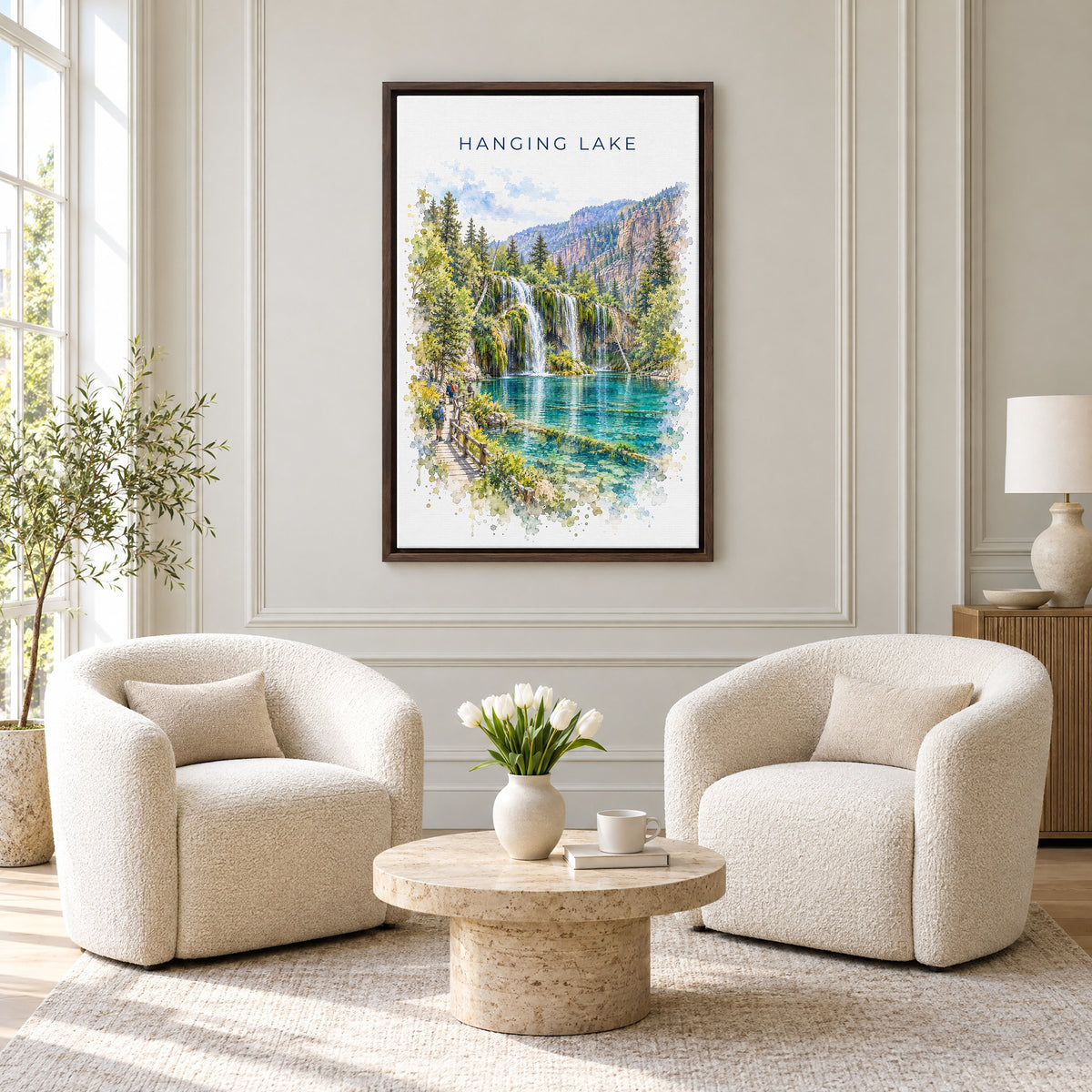 Hanging Lake watercolor print as an espresso floater canvas above two boucle armchairs in a hotel lounge