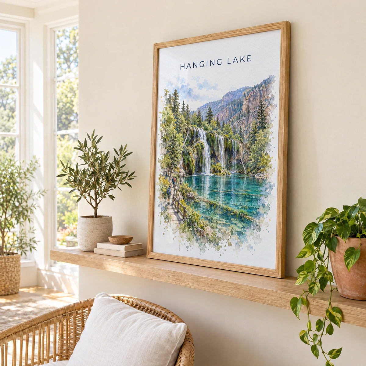 Hanging Lake watercolor print in an oak frame on a picture ledge in a sunlit sunroom