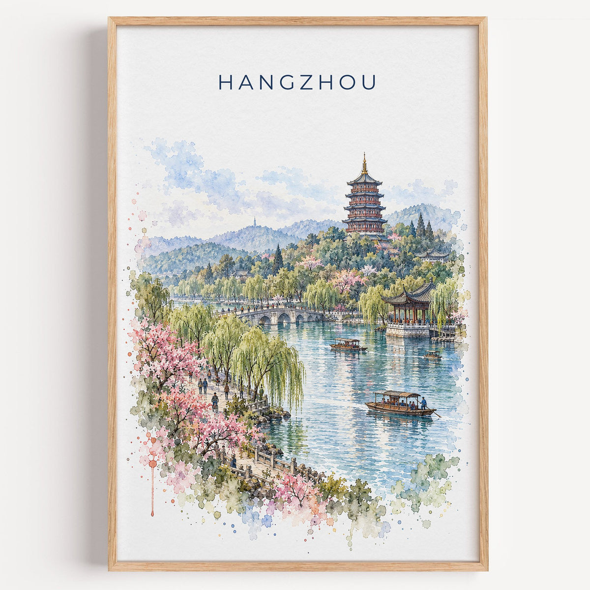 Hangzhou watercolor print in a light oak frame on a plain white wall