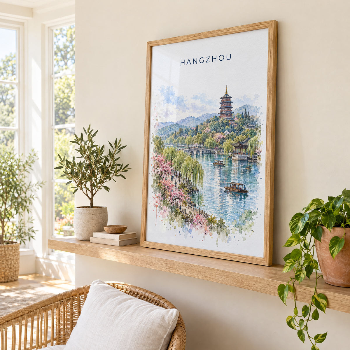 Hangzhou watercolor print in an oak frame on a picture ledge in a sunlit sunroom