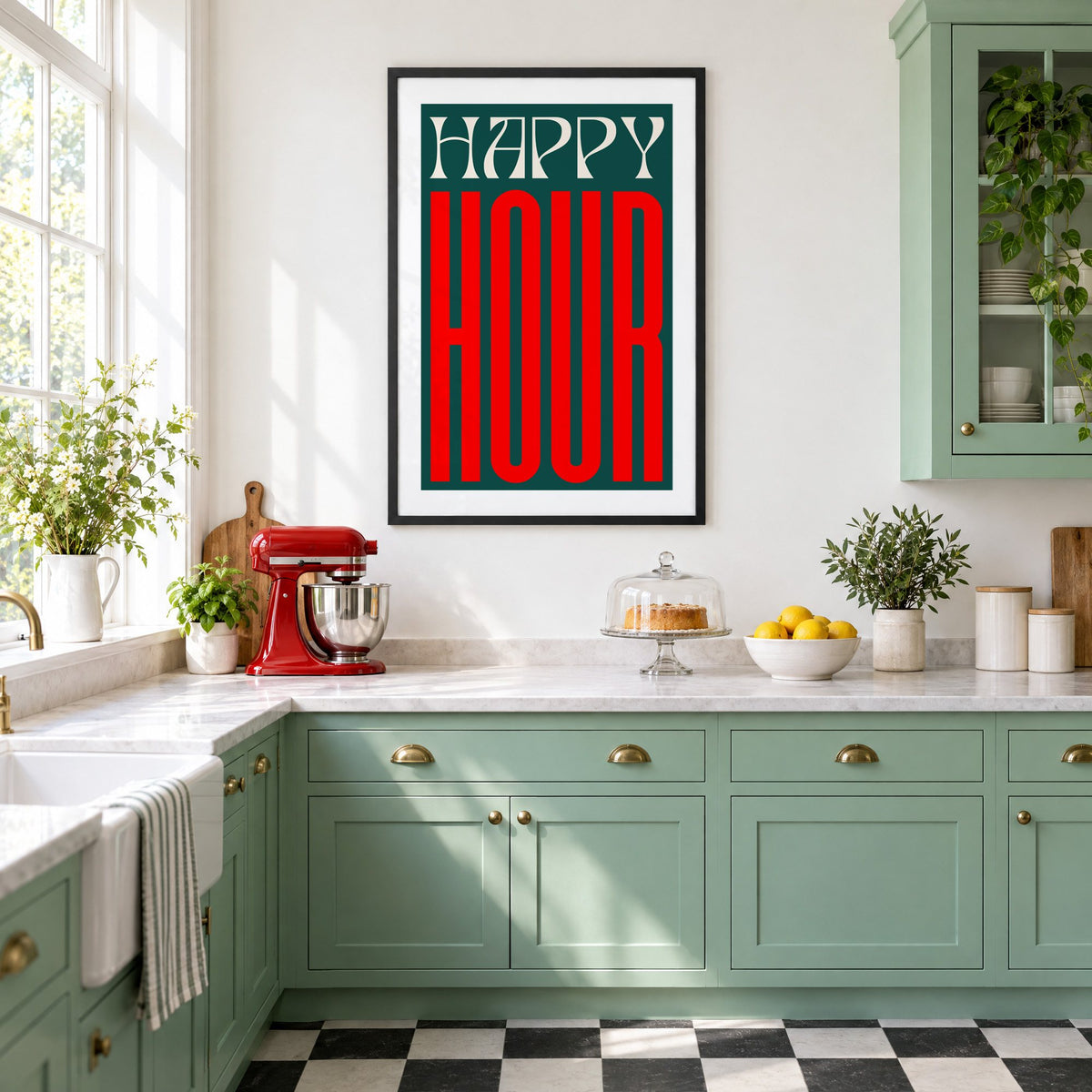 Happy Hour red and teal type print in a black frame in a mint green retro kitchen above a red stand mixer