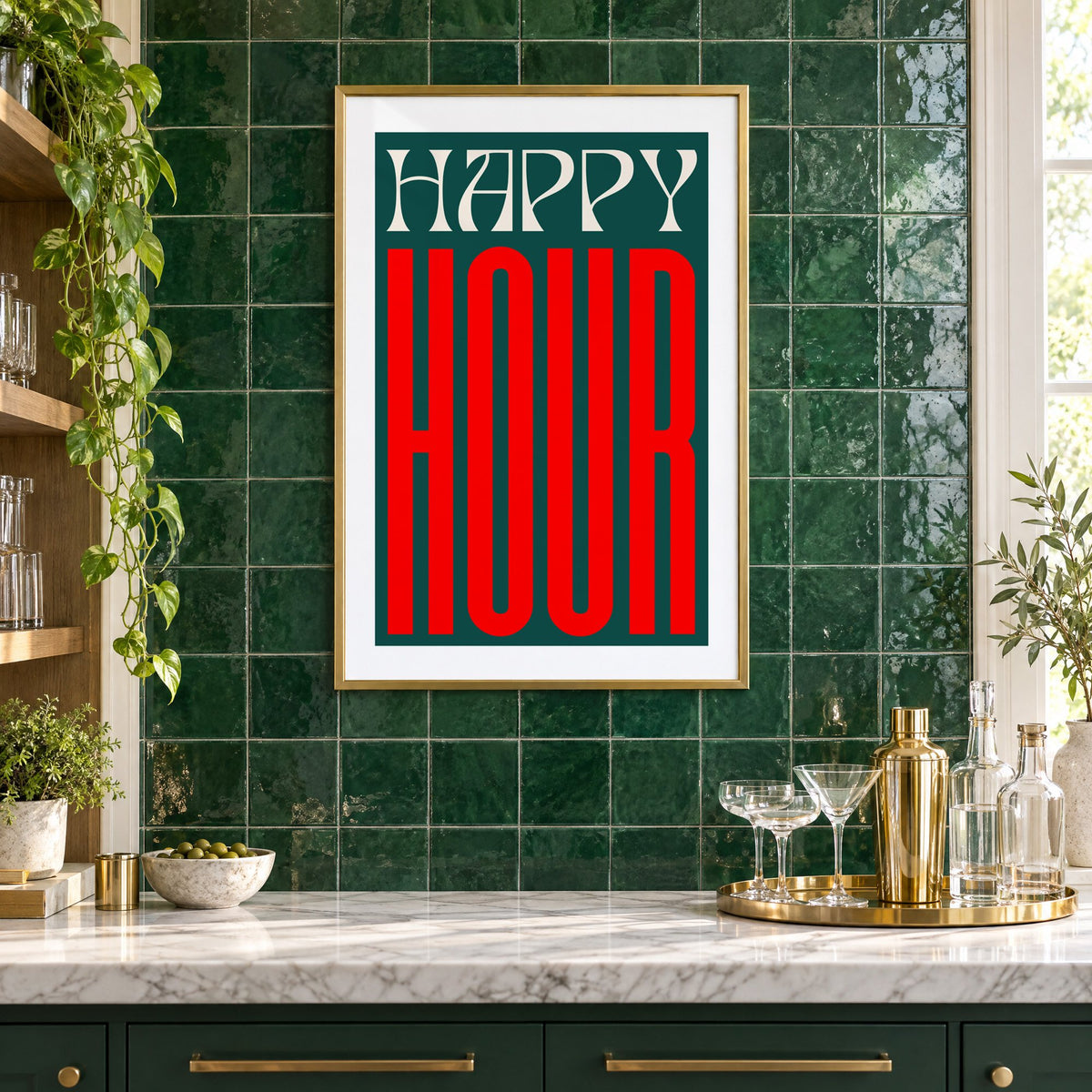 Happy Hour red and teal type print in a brass frame on emerald green tiles above a home bar with coupe glasses