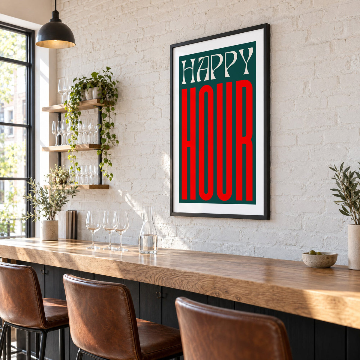 Happy Hour red and teal type print in a black frame on a white brick wall above a wine bar counter
