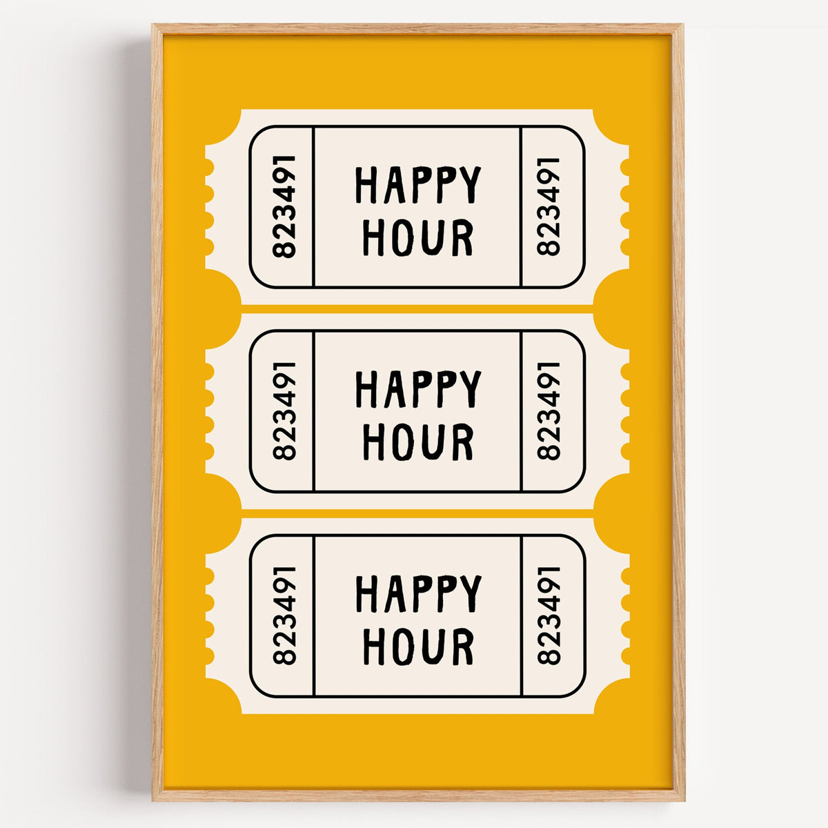 Happy Hour yellow tickets print in a light oak frame on a plain white wall