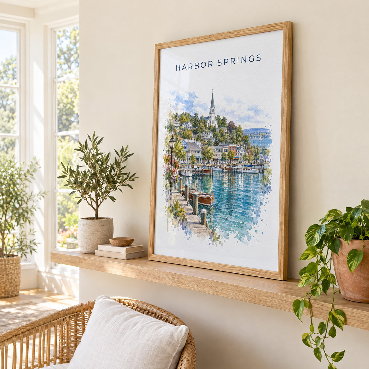 Harbor Springs, Michigan watercolor print in an oak frame on a picture ledge in a sunlit sunroom