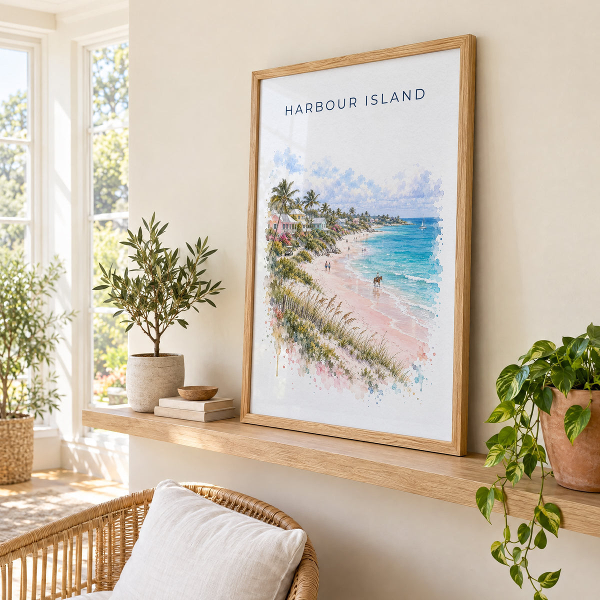 Harbour Island watercolor print in an oak frame on a picture ledge in a sunlit sunroom