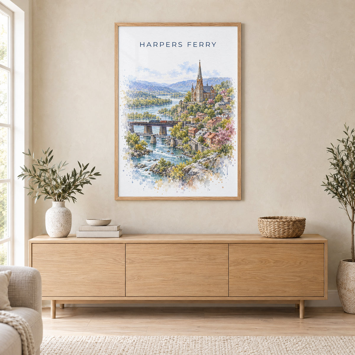 Harpers Ferry watercolor print in an oak frame above a light wood sideboard in a Scandinavian living room