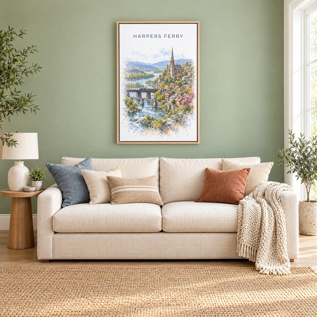 Harpers Ferry watercolor print as a natural floater canvas above a cream linen sofa on a sage green wall